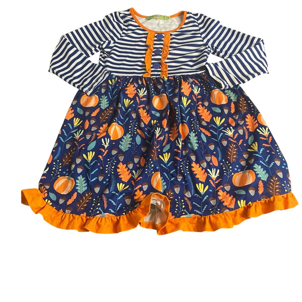 Millie Loves Lily blue white striped long sleeve ruffle fall pumpkin top‎ SIZE 5